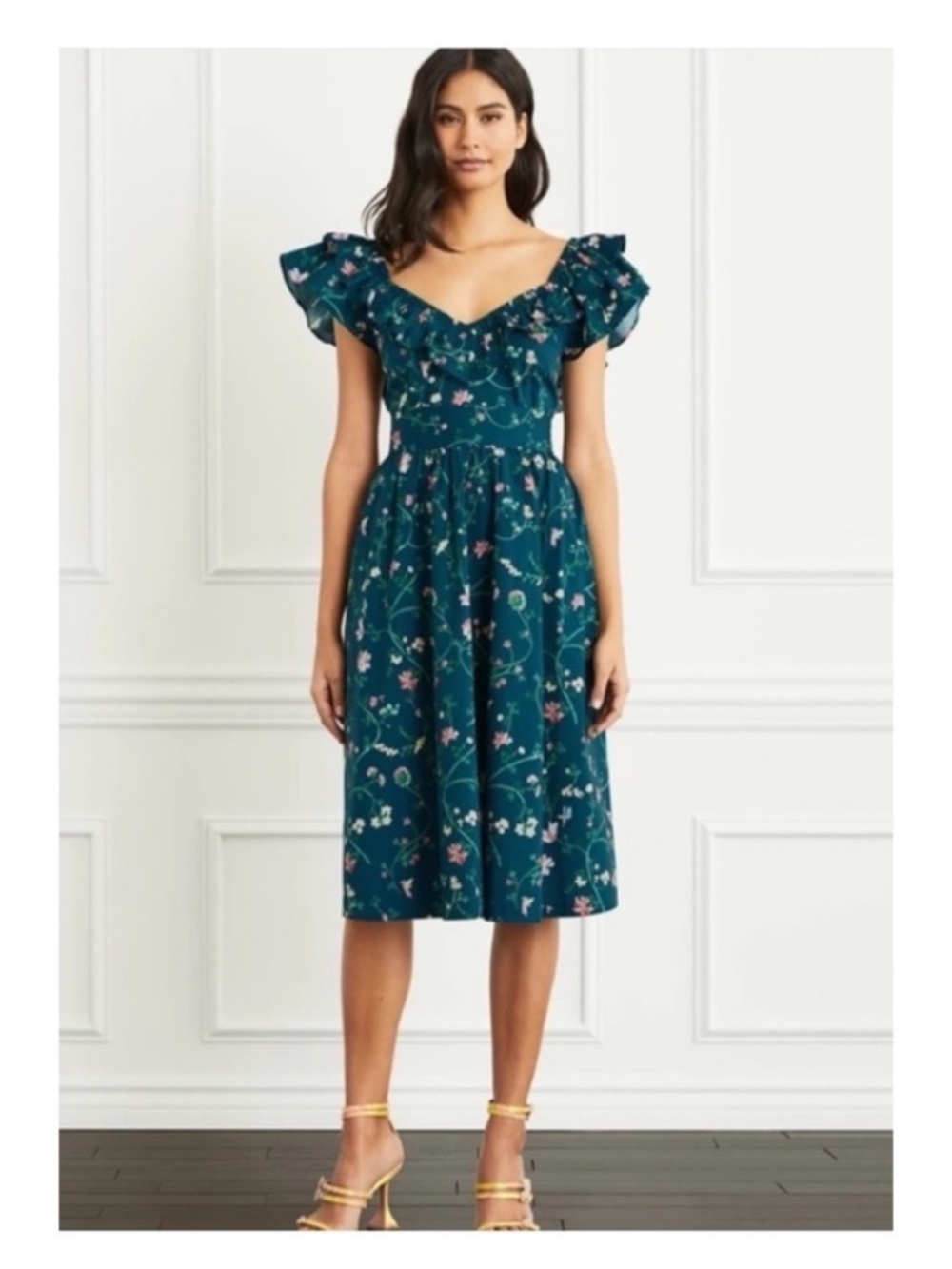 Hill House Home Ava Moody Floral Cotton Midi Dress Smocked Ruffle Pockets Size S